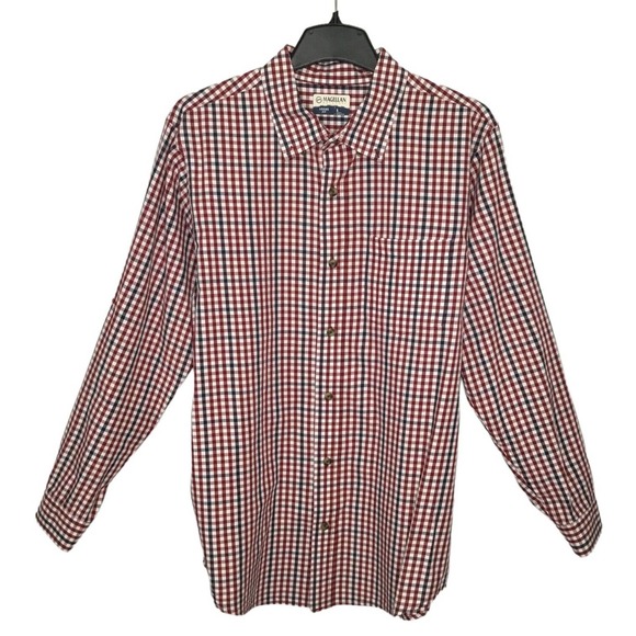 Magellan Outdoors Men's Loose Fit Long Sleeve Navy Burgundy Check Plaid Large - Picture 1 of 13